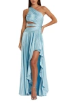 Mac Duggal One Shoulder Pleated Charmeuse Gown With Slit In Powder Blue