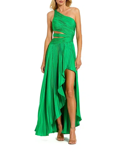MAC DUGGAL ONE SHOULDER PLEATED CHARMEUSE GOWN WITH SLIT