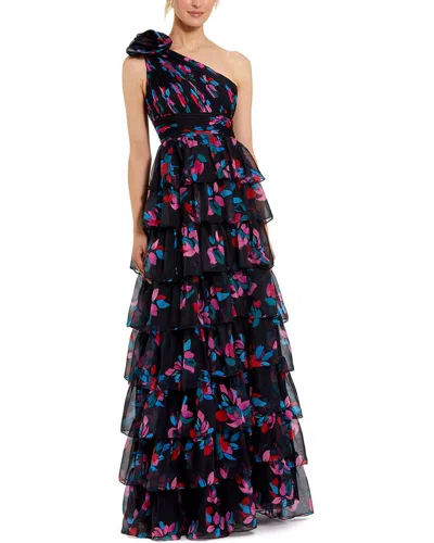 Mac Duggal One Shoulder Printed Chiffon Tiered Ruffle Gown In Black Multi