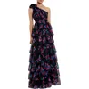 Mac Duggal One Shoulder Printed Chiffon Tiered Ruffle Gown In Black Multi