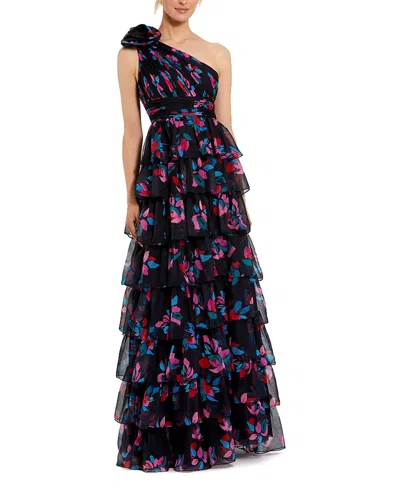 Mac Duggal One Shoulder Printed Chiffon Tiered Ruffle Gown In Multi