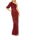 Mac Duggal One-shoulder Puff Sleeve Embellished Column Gown In Red