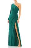 Mac Duggal One Shoulder Puff Sleeve Faux Wrap Gown