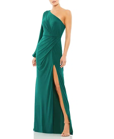 MAC DUGGAL ONE SHOULDER PUFF SLEEVE FAUX WRAP GOWN