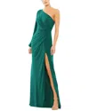 Mac Duggal One Shoulder Puff Sleeve Faux Wrap Gown In Green