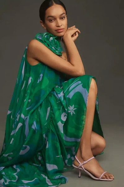 Mac Duggal One-shoulder Rose Ruffle Maxi Dress In Green