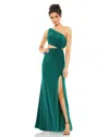 Mac Duggal One Shoulder Ruched Cut Out Jersey Gown In Gold
