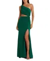 Mac Duggal One Shoulder Ruched Cut Out Jersey Gown In Green