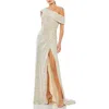 Mac Duggal Off-the-shoulder Beaded Side Shirred Gown In Nude