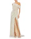 Mac Duggal Off-the-shoulder Beaded Side Shirred Gown In Nude