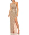Mac Duggal One Shoulder Ruched Side Front Slit Sequin Gown In Copper