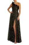Mac Duggal One Shoulder Ruffle Chiffon Gown With Slit In Black Gold