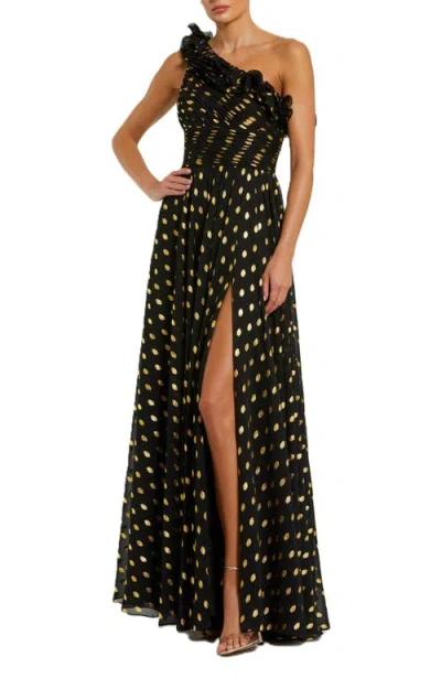 Mac Duggal One Shoulder Ruffle Chiffon Gown With Slit In Black Gold
