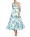 Mac Duggal Floral Print Ruffle Cutout One-shoulder Midi Dress In White Multi