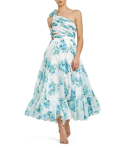 MAC DUGGAL ONE SHOULDER RUFFLE CUT-OUT CHIFFON MIDI DRESS