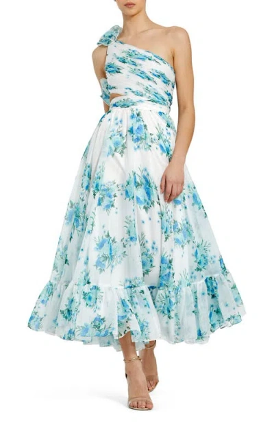 MAC DUGGAL MAC DUGGAL ONE SHOULDER RUFFLE CUT-OUT CHIFFON MIDI DRESS
