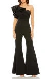 Mac Duggal One Shoulder Ruffle Detail Flare Pant Jumpsuit In Black