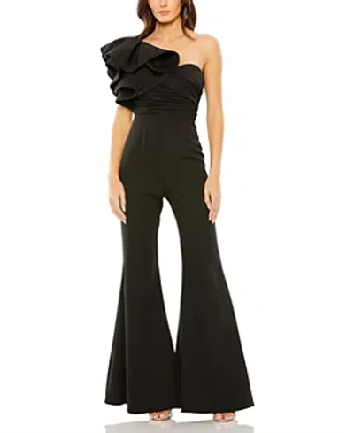 MAC DUGGAL ONE SHOULDER RUFFLE DETAIL FLARE PANT JUMPSUIT