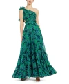 Mac Duggal Ruffle Ruched Floral Print One-shoulder Gown In Black Multi