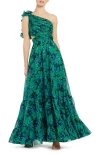 Mac Duggal Ruffle Ruched Floral Print One-shoulder Gown In Black Multi