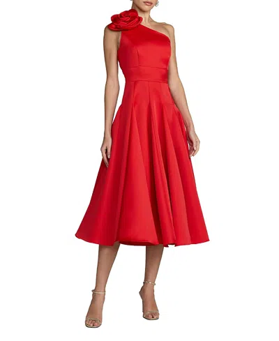 Mac Duggal One Shoulder Satin Midi Dress With 3d Flower In Red