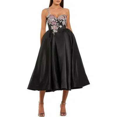 Mac Duggal One Shoulder Satin Midi Dress With Beaded Flowers In Multi