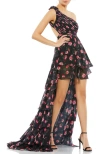 Mac Duggal One Shoulder Ruffled High Low Gown In Black Multi