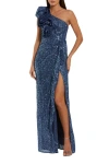 Mac Duggal One Shoulder Sequin Column Dress With Ruffle In Blue