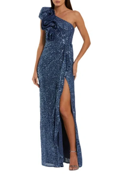 Mac Duggal One Shoulder Sequin Column Dress With Ruffle In Blue