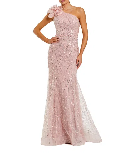 Mac Duggal One Shoulder Sequin Trumpet Gown With Flower In Pink