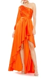 Mac Duggal Single Long Sleeve Pleated Bodice High Low Gown In Orange