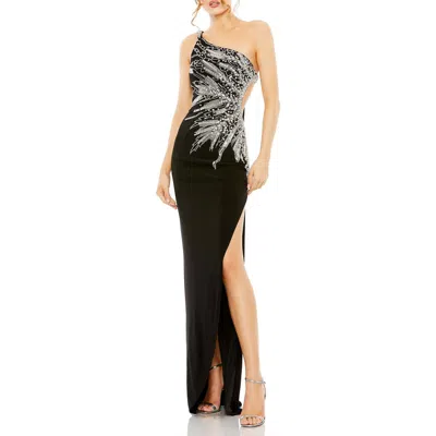 Mac Duggal One-shoulder Sleeveless Gown With Thigh Slit And Luxe Embellishments In Black