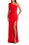 Mac Duggal One-shoulder Stretch-crepe Gown With Oversized Bow & Thigh-high Slit In Red
