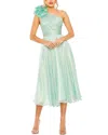 Mac Duggal Rosette One Shoulder Tea Length Dress In Green