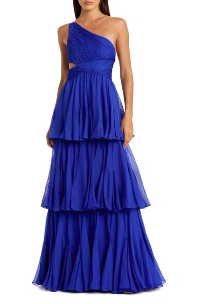 Mac Duggal One Shoulder Tiered Chiffon Gown In Blue