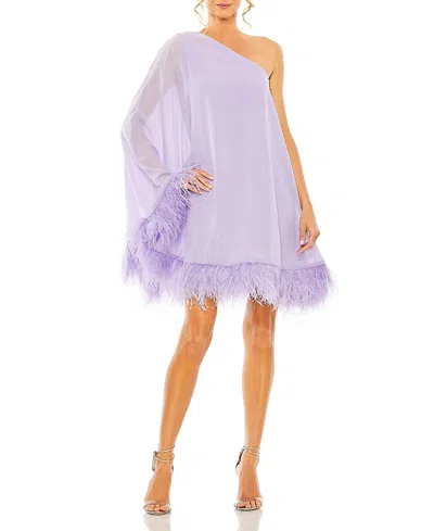 Mac Duggal One Shoulder Trapeze Dress With Feather Trim In Purple