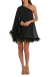 Mac Duggal One Shoulder Trapeze Dress With Feather Trim In Black