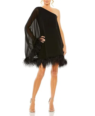 MAC DUGGAL ONE SHOULDER TRAPEZE DRESS WITH FEATHER TRIM