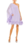 Mac Duggal One Shoulder Trapeze Dress With Feather Trim In Lilac