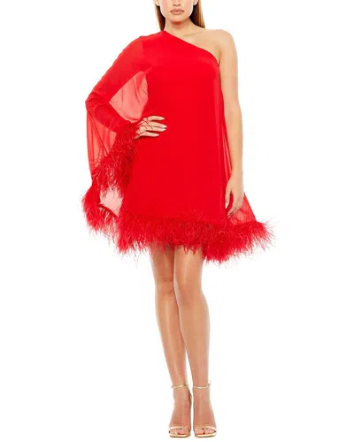 Mac Duggal One Shoulder Trapeze Dress With Feather Trim In Red
