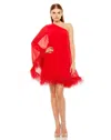 Mac Duggal One Shoulder Trapeze Dress With Feather Trim In Red