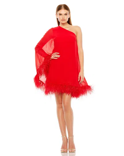 Mac Duggal One Shoulder Trapeze Dress With Feather Trim In Red