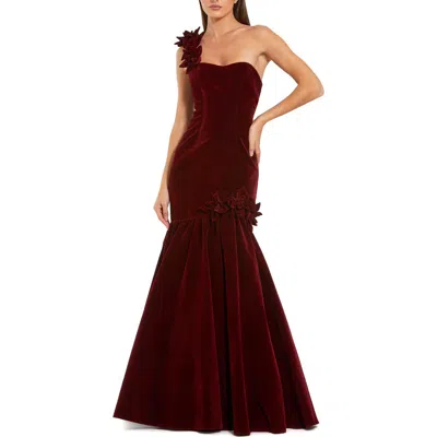 Mac Duggal Beaded High Neck Lace Mesh Sleeveless Column Gown In Burgundy
