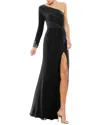 Mac Duggal Twist Front Embellished Sleeve Jersey Gown In Black