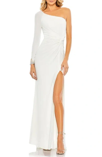 Mac Duggal One Sleeve Beaded Cuff Side Twist Gown In White