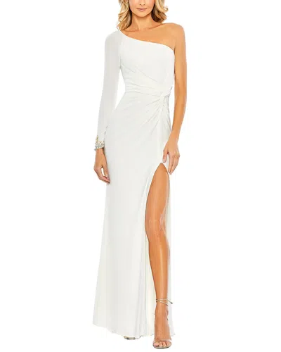 Mac Duggal One Sleeve Beaded Cuff Side Twist Gown In White