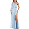 Mac Duggal One Sleeve Chiffon Gown With 3d Flowers In Powder Blue