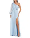 Mac Duggal One Sleeve Chiffon Gown With 3d Flowers In Powder Blue