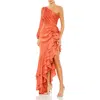 Mac Duggal One Sleeve Cut Out Asymmetrical Ruffled Gown In Burgundy