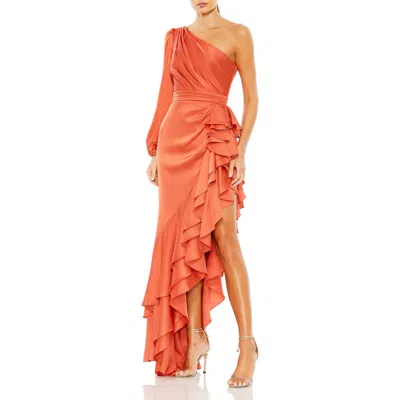 Mac Duggal One Sleeve Cut Out Asymmetrical Ruffled Gown In Burgundy